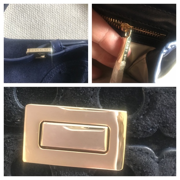 Tory Burch Crossbody Clutch Bag Navy Blue Gloria Suede turnlock embossed gold - Picture 14 of 16